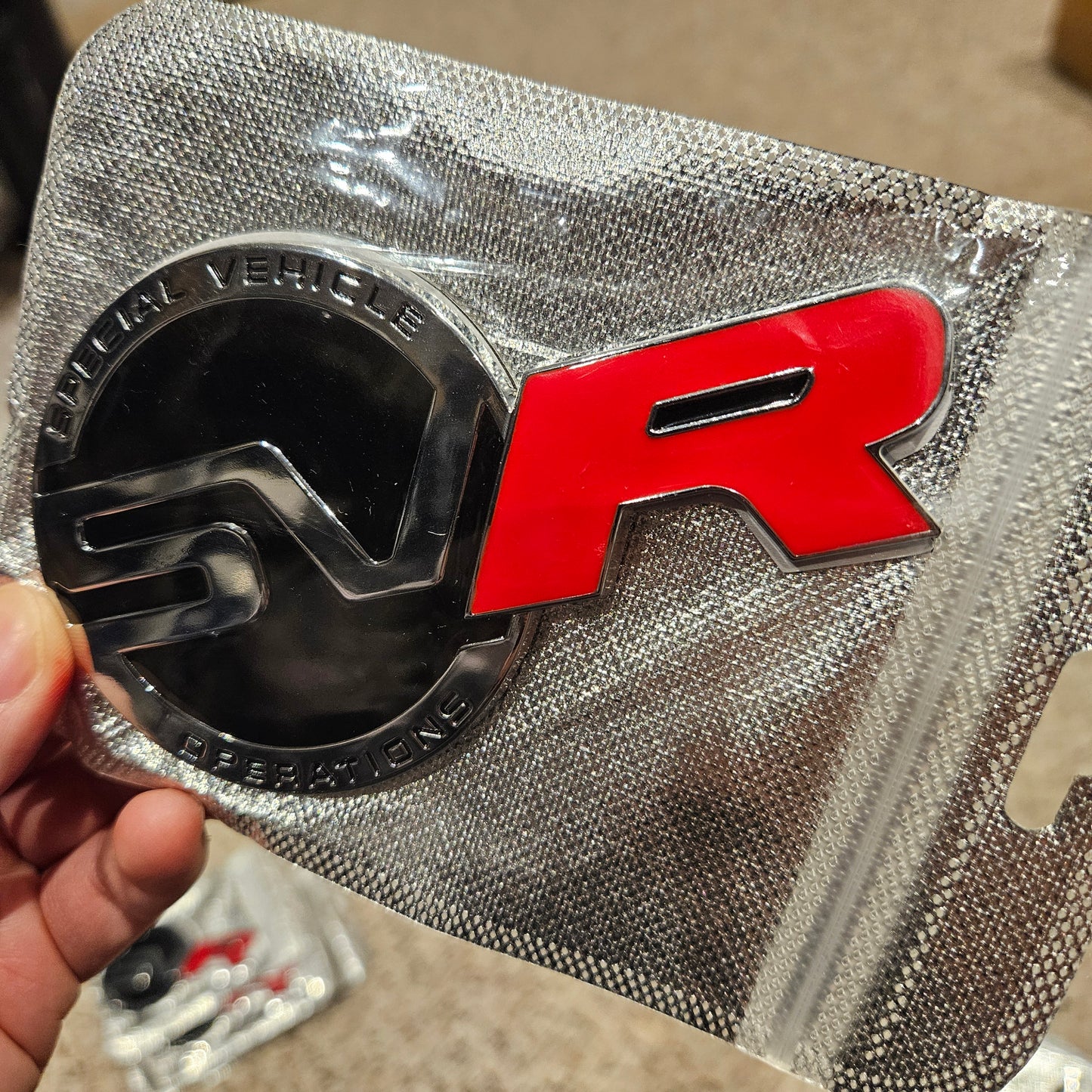 Land Rover Big SVR Logo Badge Gloss Silver Red 12cm