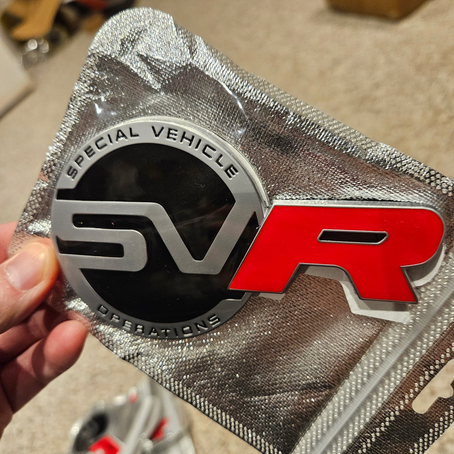 Land Rover SVR Badge Logo Big Matte Silver Red 12cm NEW