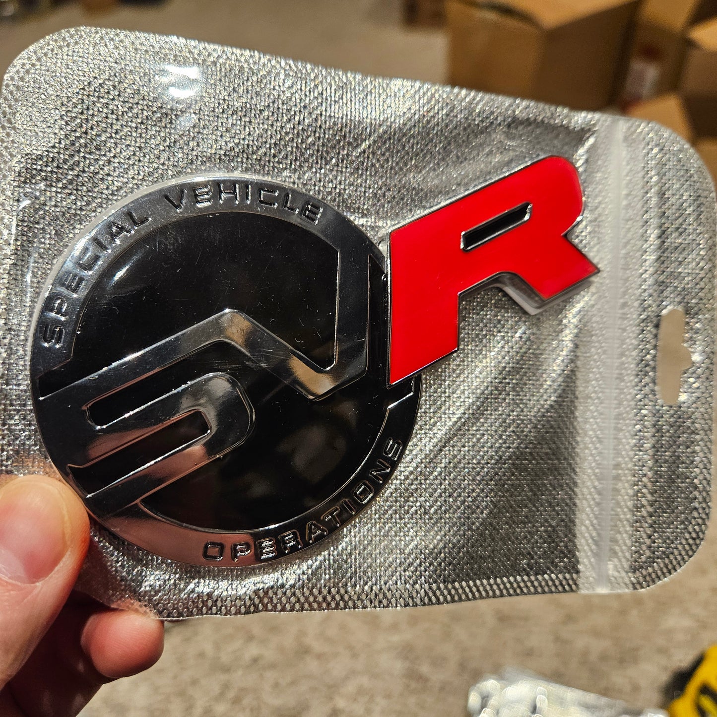 Land Rover Big SVR Logo Badge Gloss Silver Red 12cm