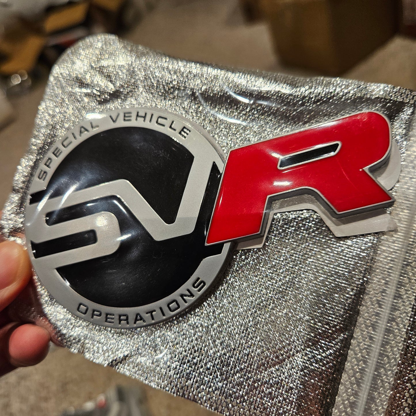 Land Rover SVR Badge Logo Big Matte Silver Red 12cm NEW